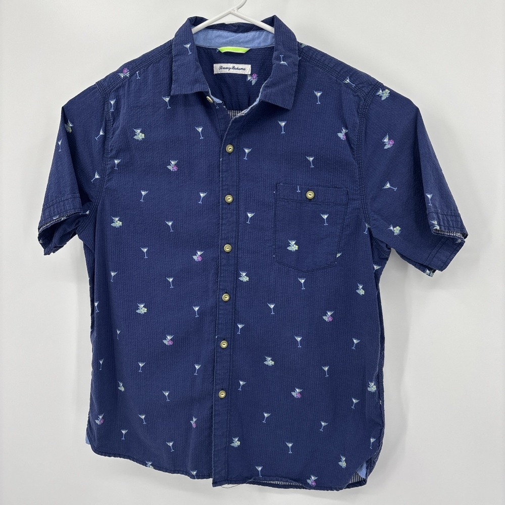 Tommy Bahama Mens Blue Martini Vacation Seersucker Shirt Size L Beach Resort - Picture 3 of 8